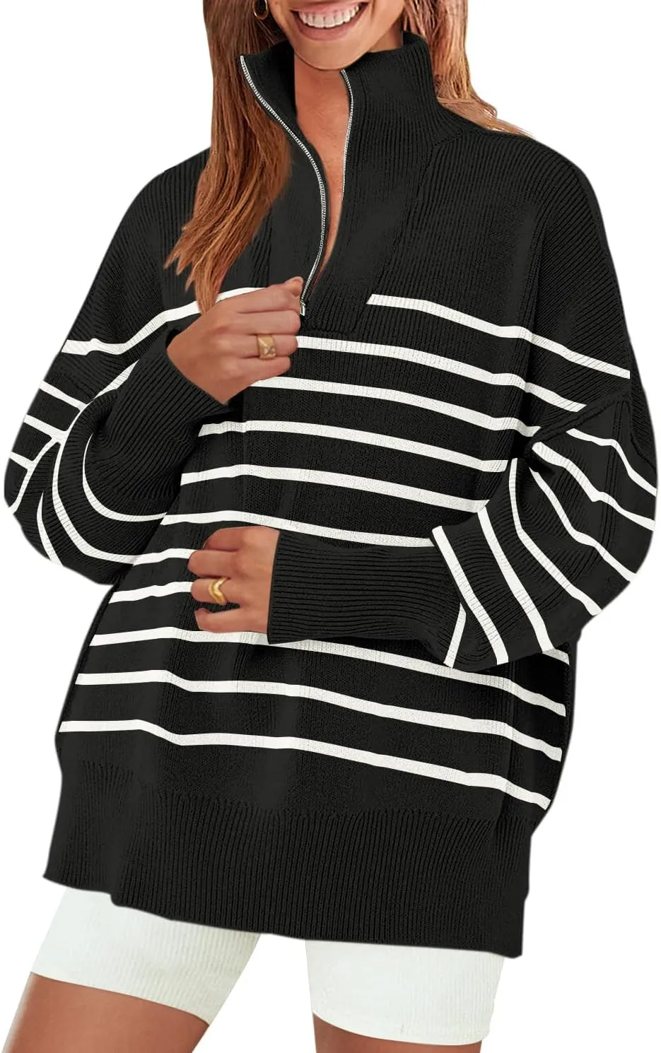 ZESICA Women's Striped Sweaters Half Zipper Long Sleeve Ribbed Knit Loose Oversized Pullover Sweater Tops