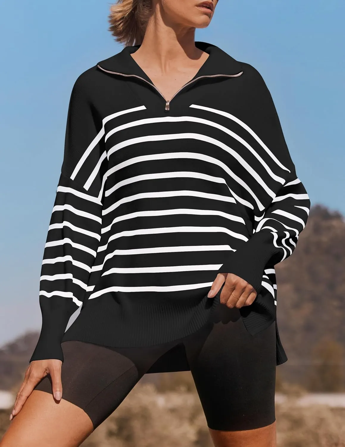 ZESICA Women's Striped Sweaters Half Zipper Long Sleeve Ribbed Knit Loose Oversized Pullover Sweater Tops