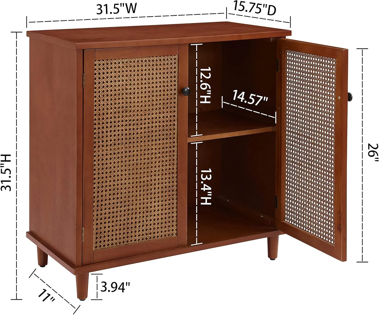 Zouron 2 Door Rattan Storage Cabinet, 32'' Sideboard Buffet Kitchen Storage Cabinet with Rattan Doors, Multifunctional Cupboard Console Table with Shelf, Living Room Sofa Accent Cabinet, Mahogany