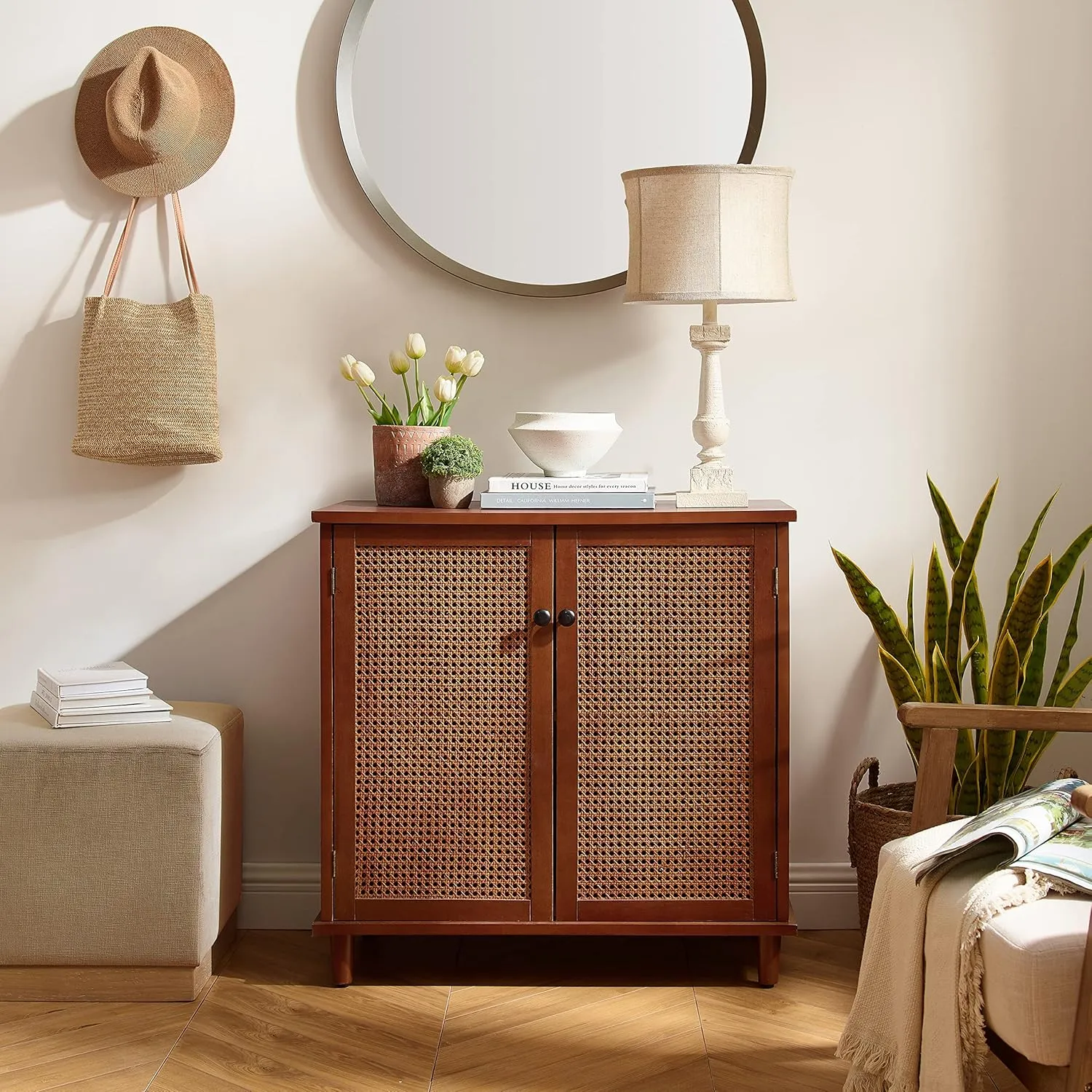 Zouron 2 Door Rattan Storage Cabinet, 32'' Sideboard Buffet Kitchen Storage Cabinet with Rattan Doors, Multifunctional Cupboard Console Table with Shelf, Living Room Sofa Accent Cabinet, Mahogany