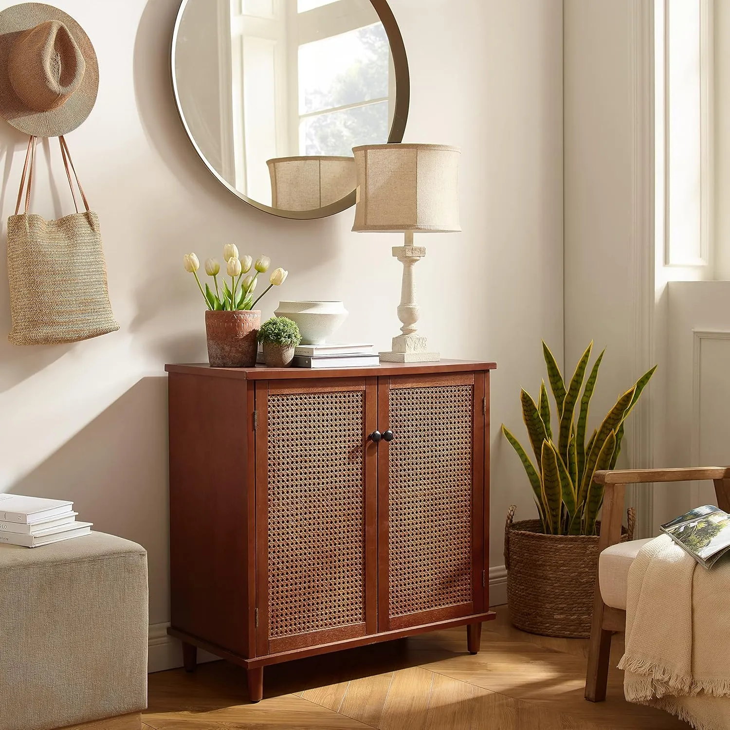 Zouron 2 Door Rattan Storage Cabinet, 32'' Sideboard Buffet Kitchen Storage Cabinet with Rattan Doors, Multifunctional Cupboard Console Table with Shelf, Living Room Sofa Accent Cabinet, Mahogany