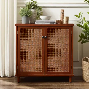 Zouron 2 Door Rattan Storage Cabinet, 32'' Sideboard Buffet Kitchen Storage Cabinet with Rattan Doors, Multifunctional Cupboard Console Table with Shelf, Living Room Sofa Accent Cabinet, Mahogany