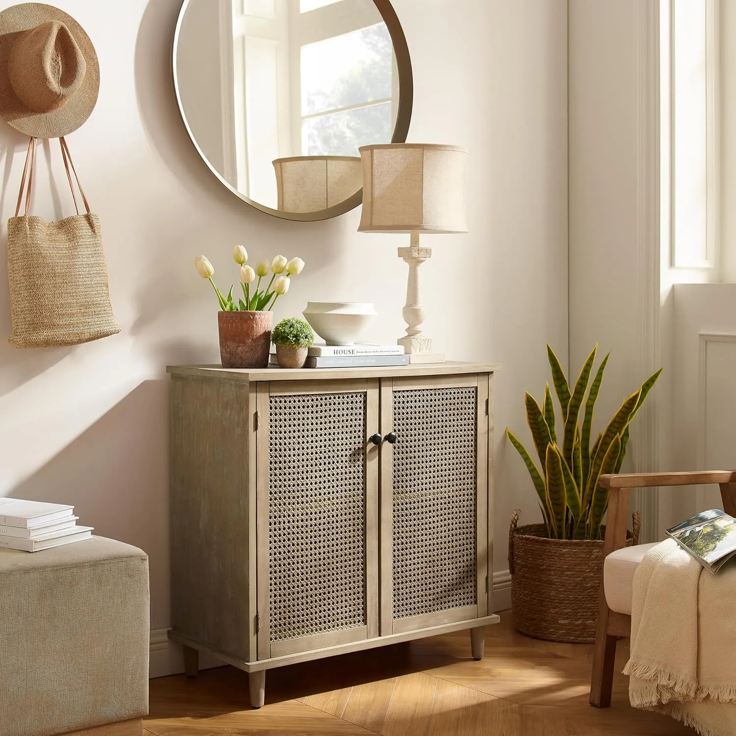 Zouron 2 Door Rattan Storage Cabinet, 32'' Sideboard Buffet Kitchen Storage Cabinet with Rattan Doors, Multifunctional Cupboard Console Table with Shelf, Living Room Sofa Accent Cabinet, Natural