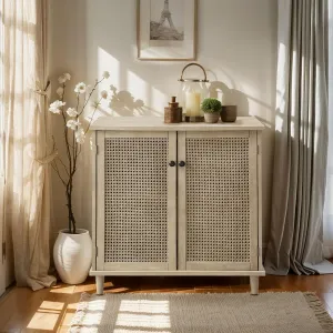 Zouron 2 Door Rattan Storage Cabinet, 32'' Sideboard Buffet Kitchen Storage Cabinet with Rattan Doors, Multifunctional Cupboard Console Table with Shelf, Living Room Sofa Accent Cabinet, Natural