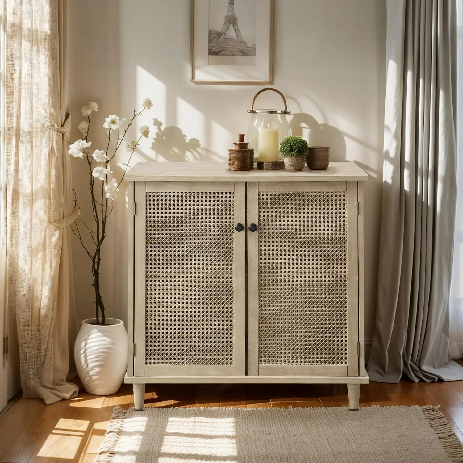 Zouron 2 Door Rattan Storage Cabinet, 32'' Sideboard Buffet Kitchen Storage Cabinet with Rattan Doors, Multifunctional Cupboard Console Table with Shelf, Living Room Sofa Accent Cabinet, Natural
